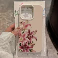 Capa de Telemóvel - Capa Elegante com Padrão de Flor de Lírio e Textura de Lichia Branco Marfim Adequada para Apple iPho