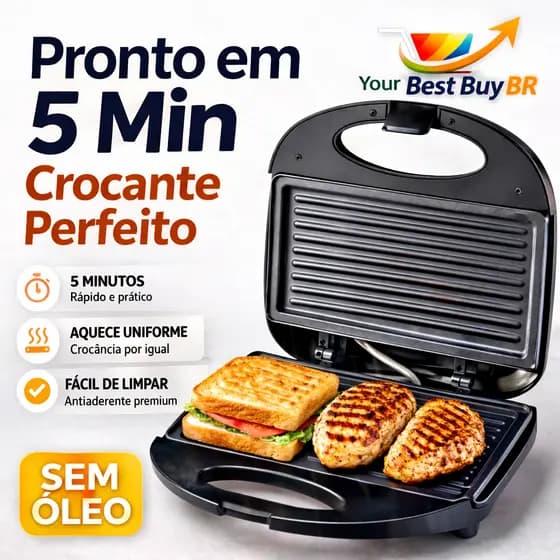 Sanduicheira Grill Elétrica 2 em 1 Antiaderente 750W Prensa Dupla Rápida Sem Óleo Compacta 127V/220V