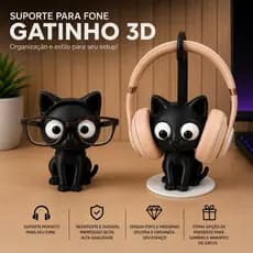 Suporte Fone Gatinho 3D | Porta Headset Óculos Gamer Decoração Setup Mesa Presente Criativo Preto