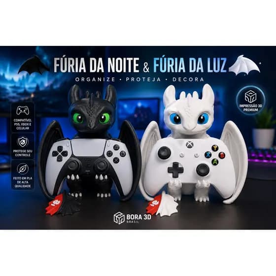 Suporte Controle PS5 Banguela Como Treinar Seu Dragão Porta Controle e Celular Setup Gamer Night Fury Impressão 3D