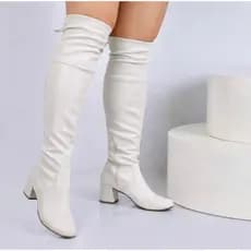 Bota Over The Knee Couro Sintético Feminina Com Elástico Ajustável Salto Confortável Cano Longo Acima Do Joelho