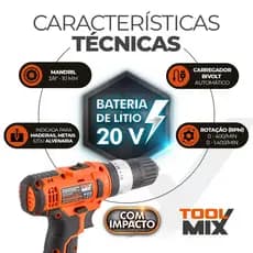 Parafusadeira Furadeira de Impacto 20V Toolmix PFT020I 40Nm Bateria de Lítio Maleta Mandril 10mm