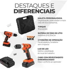 Parafusadeira Furadeira 12V Toolmix PFT012 20Nm Bateria de Lítio Maleta Mandril 10mm