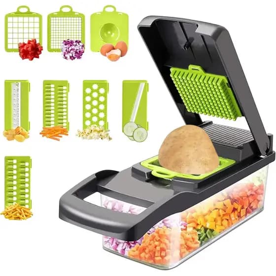 Cortador 16 em 1 Multifuncional de Legumes e Frutas | Fatiador com Lâminas Intercambiáveis de Aço Inoxidável Material S
