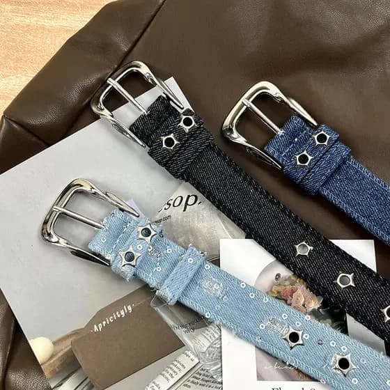 Denim lona poroso cinto lantejoulas pino fivela cinto feminino influenciador ins All-Match versão coreana moda calças ci