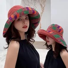 Estilo étnico balde chapéu dobrável dupla face senhoras grande borda chapéu de sol moda viagem férias protetor solar cha