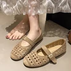 Salto grosso Retro oco respirável Mary Jane sapatos femininos 2026 verão novo estilo não cansado francês boca rasa sapat
