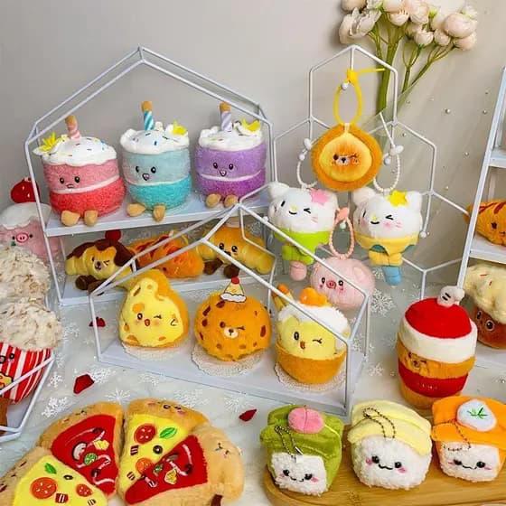 Comida divertida boneca pingente brinquedo de pelúcia bolo boneca hambúrguer batatas fritas Croissant Ragdoll agarrar má