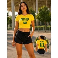 Cropped Baby Tee Dry Fit Feminina Brasil Neymar 10 Camiseta Curta 100% Poliéster