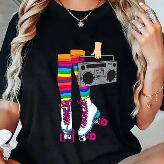 Retro Roller Skates Fun 80s Roller Skating Print Camiseta Casual de Verano para Mujer
