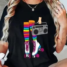 Retro Roller Skates Fun 80s Roller Skating Print Camiseta Casual de Verano para Mujer