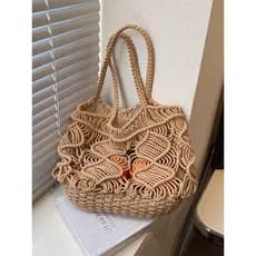 Saco de tecido oco praia bolsa de ombro grande capacidade estilo férias à beira-mar saco de palha Casual All-Match saco