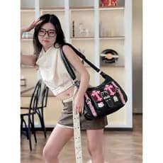 Y2k legal menina gatinho gato preto rosa contraste cor saco do mensageiro nicho Original cultura asiática Millennium men