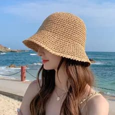 Chapéu de palha feminino oco respirável balde de palha chapéu mostrando rosto pequeno verão beira-mar praia viagem prote