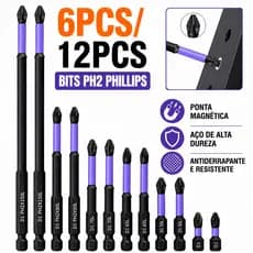 Jogo Bits PH2 Phillips Magnético 25-150mm Impacto Antiderrapante Aço Dureza com Base Parafusadeira