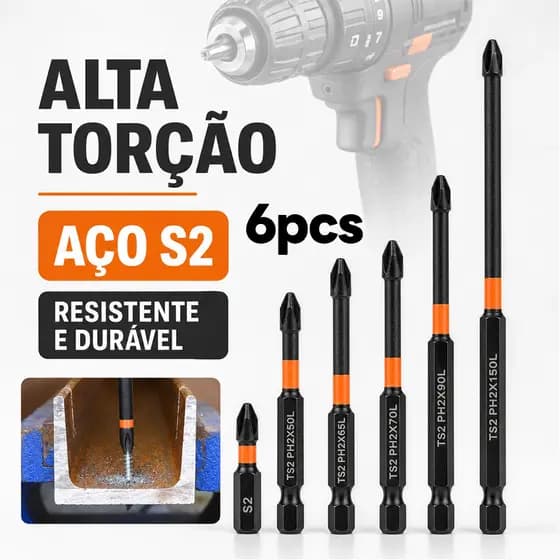 6PCS Jogo Bits PH2 Phillips Magnético Impacto Antiderrapante Aço Dureza com Base Parafusadeira  25-150mm