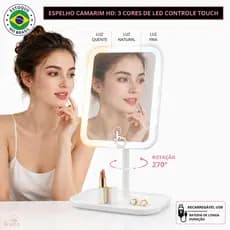 Espelho de Maquiagem Mesa LED 3 Cores Touch Screen Recarregavel USB Portatil Luz Ajustavel Rotacao 270 Bandeja