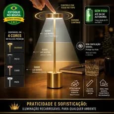 Luminária de Mesa Cabeceira 3 Tons de Led Recarregável Touch Proteção ocular Quarto Escrivaninha Luxuosa Dourado