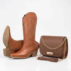 Kit Bota Texana Feminina Cano Médio Premium + Bolsa Transversal Anjike Elegante