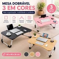 Mesinha portátil dobrável para notebook MDF 60x40x26cm mesa cama sofá home office suporte celular tablet 3 cores
