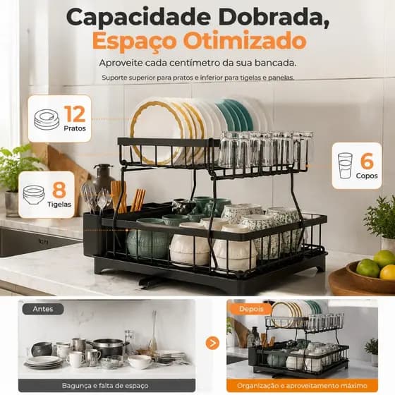 Escorredor de Louça 2 Andares Aço Carbono Preto Antiferrugem 42cm, Organizador para Cozinha com Drenagem Inteligente