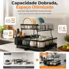 Escorredor de Louça 2 Andares Aço Carbono Preto Antiferrugem 42cm, Organizador para Cozinha com Drenagem Inteligente