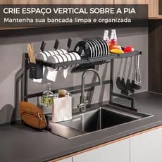 Escorredor de Louça Sobre Pia Aço Carbono Preto, Organizador Multifuncional para Cozinha com Suporte para Facas e Drenag