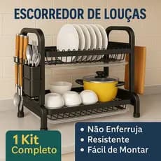 Escorredor de Louça 2 Andares Aço Carbono Preto com Porta Talheres e Bandeja Coletora para Pia,2 em 1: Escoamento e Arma