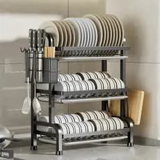 2 em1 Escorredor de louças em aço inoxidável de 3 camadas,Escorredor Kitchen Rack Aço Inoxidável Organizador Louça Preto