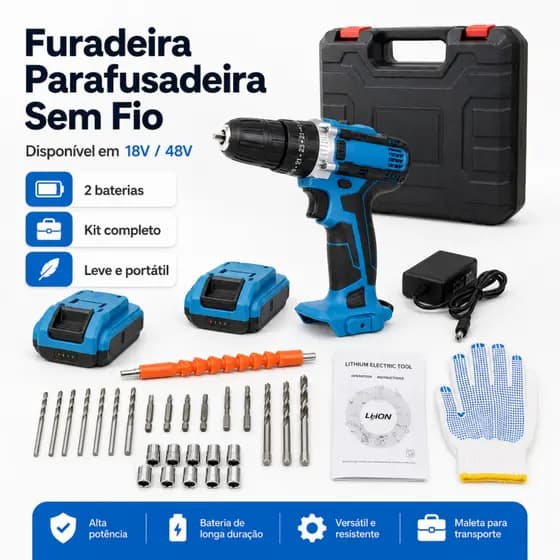 Parafusadeira Furadeira de Impacto a Bateria Recarregável Sem Fio furadeira de impacto 18v/48v 2 Baterias Com Caixa colo