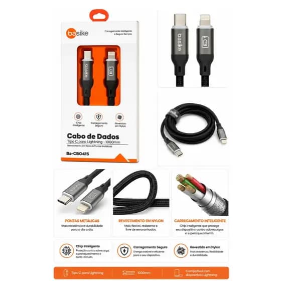 Cabo USB-C para Lightning Basike 1m | Compatível com iPhone, Carregamento Rápido, Nylon Reforçado