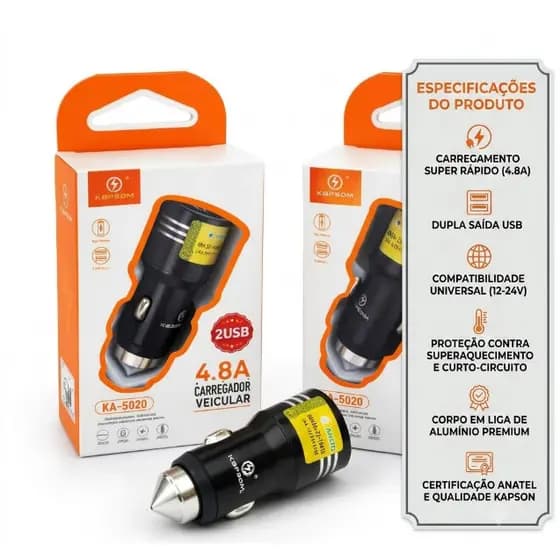 Carregador Veicular KAPSON KA-5020: 2 Entradas USB | 4.8A Turbo | Homologado ANATEL