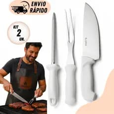 Kit 2 ou 1 Conjunto Churrasqueiro Inox Premium 3 Pç Profissional Com Cabo Faca + Garfo Trinchante + Chaira Afiador