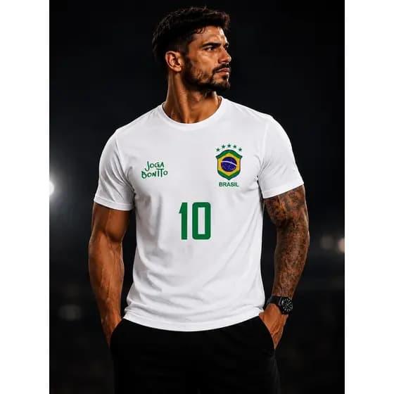 Camiseta Brasil Masculina 100% Algodão Estilosa para Copa do Mundo com Design Joga Bonito e Número 10