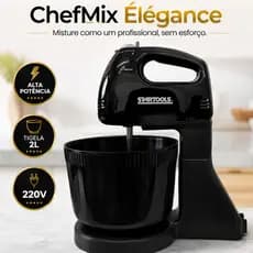 Batedeira Elétrica Portátil 220V 2 Litros Alta Potência ChefMix Élégance Preta para Bolos Massas e Cremes