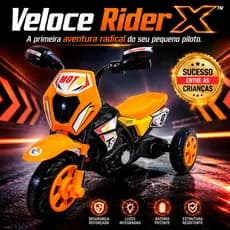 Moto Elétrica Infantil 3 Rodas Veloce Rider X Cross com Luzes Radical Laranja