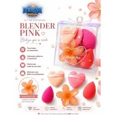 Kit Maquiagem Blender Pink com Esponjas + Piranha de Flor + Pincel Kabuki | Kit Completo Beauty Rosa