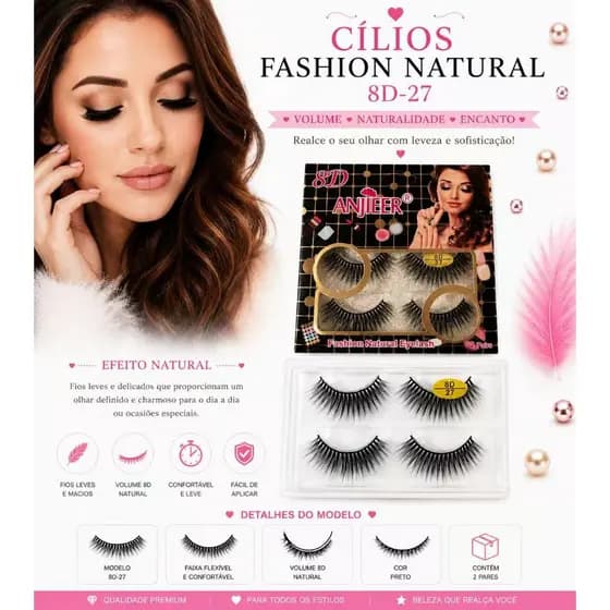 Cílios Postiços 8D Natural 8D-27 Volume Leve Efeito Boneca 2 Pares