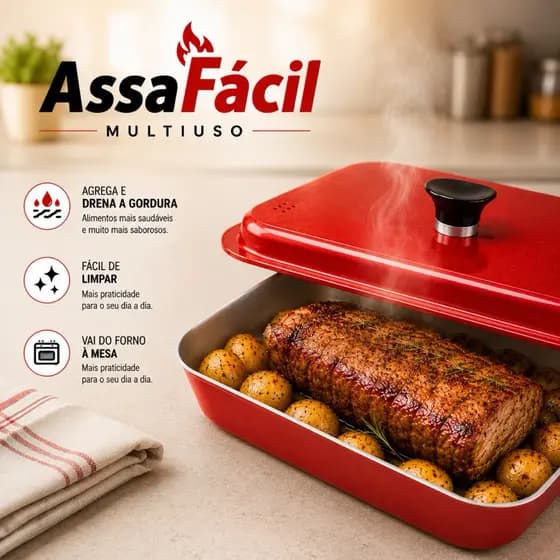 Assadeira Assa Fácil Grill Multiuso Com Tampa | Assadeira Que Drena Gordura | Alumínio Resistente | carne maçia