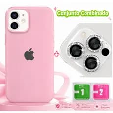 kit Capinha iPhone aveludada Original + Lente película de câmera com brilho Xr ao 17 Pro Max