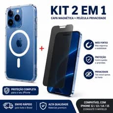 Kit Capa Magnética iPhone + Película Privacidade Anti Espião 2 em 1 Transparente MagSafe