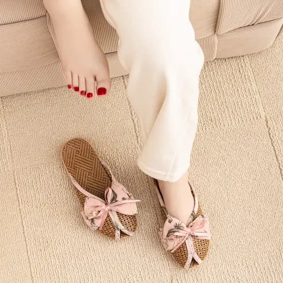 Chinelos de rattan feminino verão rattan palha tecido sapatos Bowknot Toe-coberto sandálias esteiras casa legal sandália