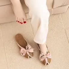 Chinelos de rattan feminino verão rattan palha tecido sapatos Bowknot Toe-coberto sandálias esteiras casa legal sandália