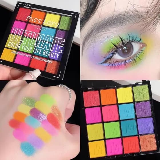 Paleta de sombras coloridas peroladas vermelho amarelo azul verde roxo desempenho palco maquiagem maquiagem