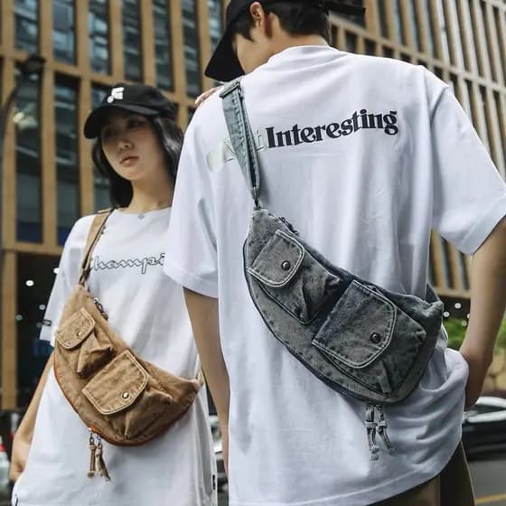 Original nicho Design novo estilo saco de peito das mulheres dos homens Denim Casual único saco do mensageiro de um ombr