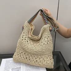 Estilo de férias saco de palha feminino 2025 novo estilo verão Popular tecido saco beira-mar praia grande capacidade de