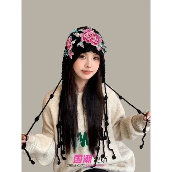 Estilo chinês bordado flor borla chapéu de lã outono inverno quente Baotou chapéu feminino alça de proteção de orelha mã