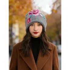 Chapéu frio estilo étnico bordado flor pilha chapéu feminino outono inverno 2025 novo estilo solto quente malha rosto-ol