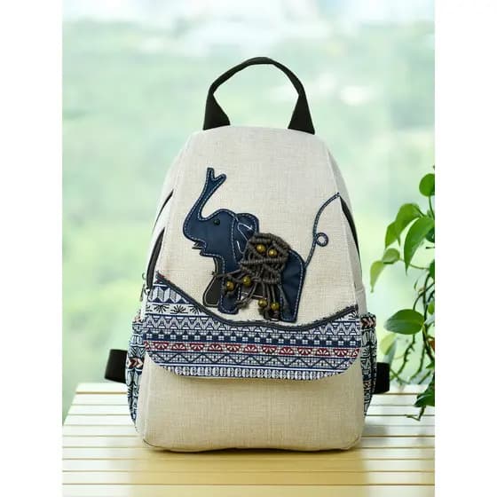 Novo estilo tecido à mão elefante Animal mochila pequeno fresco duplo zíper grande capacidade Casual estilo étnico saco