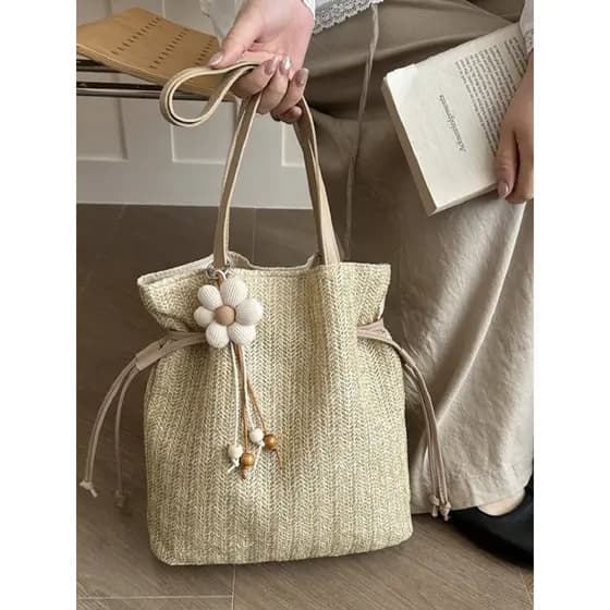 Design de verão sentir flor saco de palha feminino estilo férias tecido Commuter sacola beira-mar praia ombro axila saco